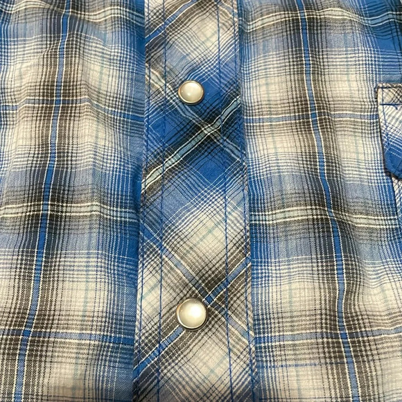 Wrangler western snap up shirt Blue plaid Pearlized snaps Long sleeves Mens XL - Picture 6 of 14